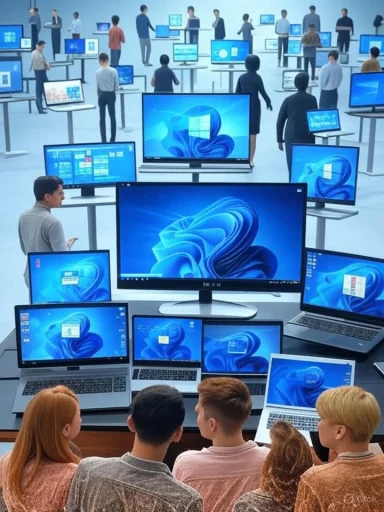 A large tech event showcasing numerous computers and monitors with Windows 11, attended by diverse groups of people.