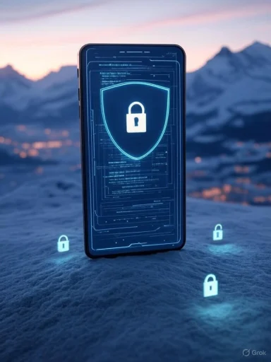 A smartphone with a digital security shield displayed on the screen, surrounded by glowing padlock icons on a snowy landscape.
