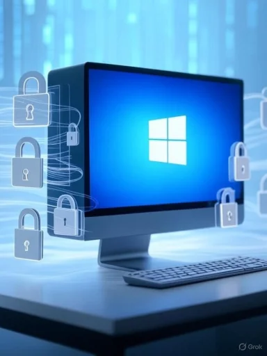 A computer with Windows logo surrounded by digital padlocks representing cybersecurity and data protection.