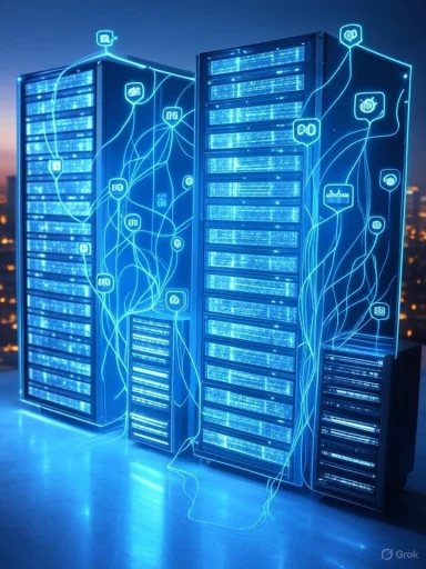 Illuminated server racks with digital lines and icons representing data flow and connectivity at night. Illuminated server racks with digital lines and icons representing data flow and connectivity at night.