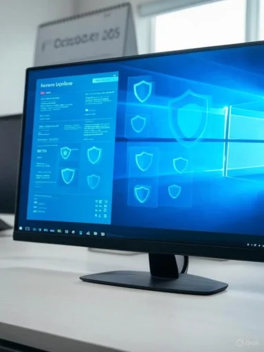 A computer monitor displays a security software interface with shield icons on a desk in an office setting. A computer monitor displays a security software interface with shield icons on a desk in an office setting.