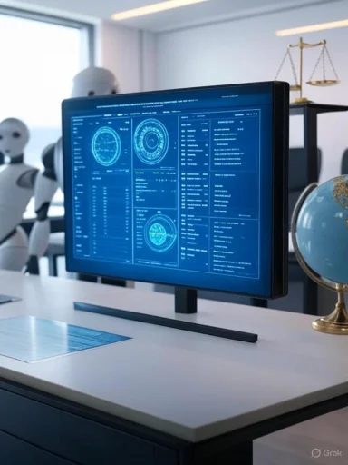 A futuristic office with robots, a digital monitor displaying data, and a globe on a desk. A futuristic office with robots, a digital monitor displaying data, and a globe on a desk.