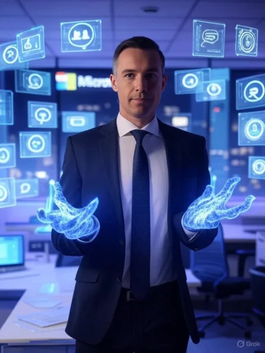 A businessman in a suit interacts with floating holographic digital icons in a high-tech office environment.
