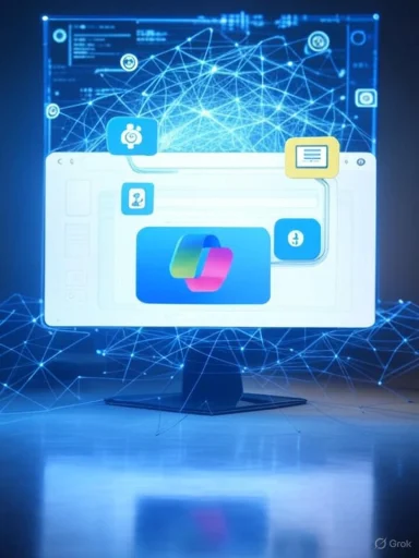 A digital interface on a monitor displaying interconnected icons and data networks, representing advanced technology and connectivity.