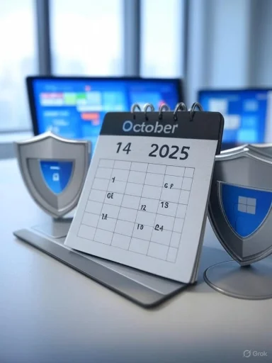 A desk calendar shows October 14, 2025, with computer monitors in the background and shield icons on either side. A desk calendar shows October 14, 2025, with computer monitors in the background and shield icons on either side.