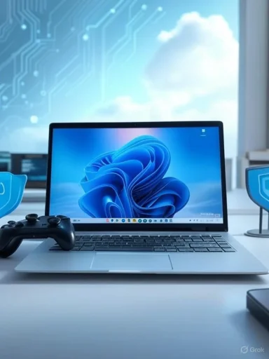 A modern workspace featuring a laptop with a futuristic digital background, gaming controller, and holographic shield icons.