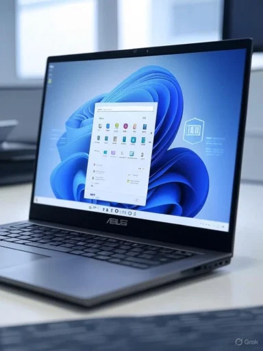 An ASUS laptop displaying a Windows 11 home screen with a centered window showing app icons. An ASUS laptop displaying a Windows 11 home screen with a centered window showing app icons.
