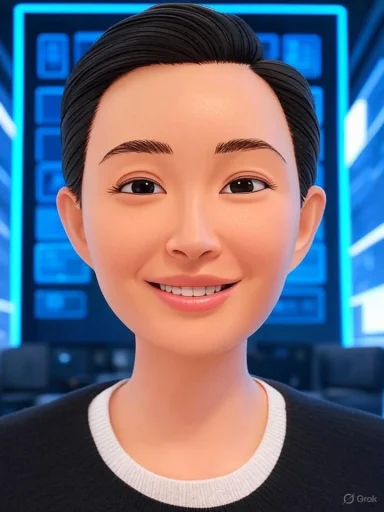 A smiling young woman with short black hair, wearing a black and white top, in a high-tech, blue-lit environment.
