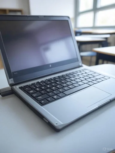 A silver laptop with a black keyboard on a desk in a bright classroom.