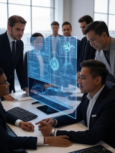A group of professionals discusses data displayed on a holographic screen in a modern office setting.