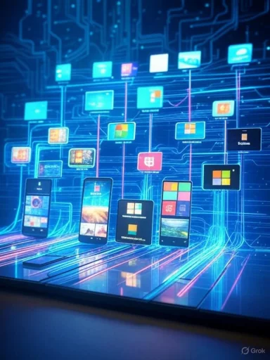 Digital illustrations of interconnected smartphones and app icons, representing mobile network and data flow.