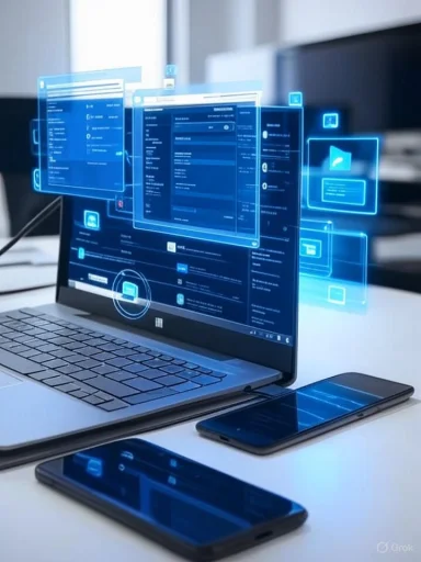 A laptop and smartphones display holographic digital interfaces with floating data windows in a modern tech workspace.
