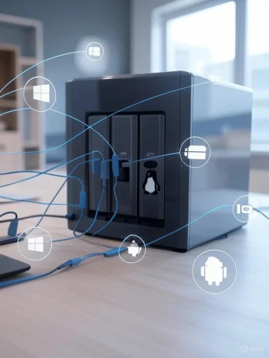 A network-attached storage device connected to multiple devices, with digital icons representing various operating systems and platforms.