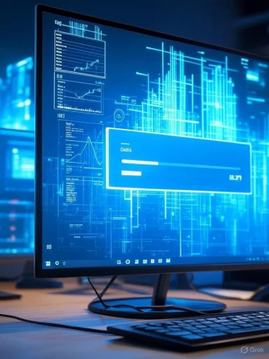 A computer monitor displays financial graphs, charts, and data analysis in a high-tech digital environment.