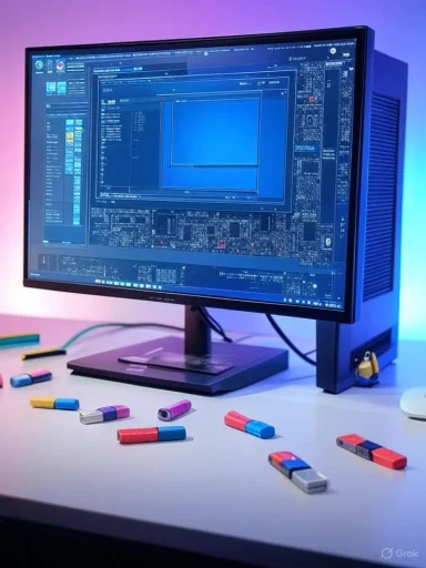 A computer monitor displaying complex coding or design software, with colorful markers scattered on the desk below. A computer monitor displaying complex coding or design software, with colorful markers scattered on the desk below.