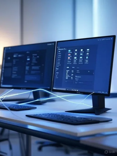 Dual computer monitors displaying dark-themed interfaces on a sleek desk with glowing light trails connecting them.
