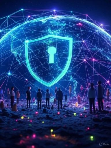 A digital shield with a keyhole symbol floats over a networked Earth, surrounded by silhouetted people on a glowing, futuristic landscape.