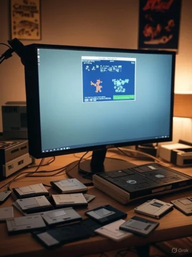 A vintage computer setup with floppy disks, a monitor displaying a game, and posters on the wall in a cozy room.