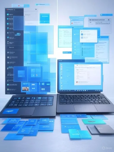Dual laptops with digital interface overlays and various blue app cards, suggesting advanced technology and data management.