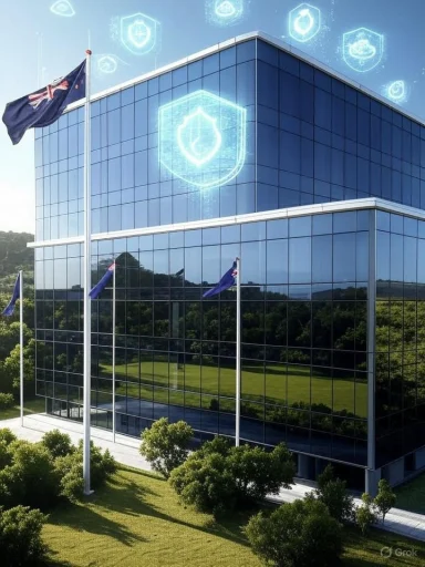 A modern glass building with Australian flags and digital shield icons representing cybersecurity or data protection.