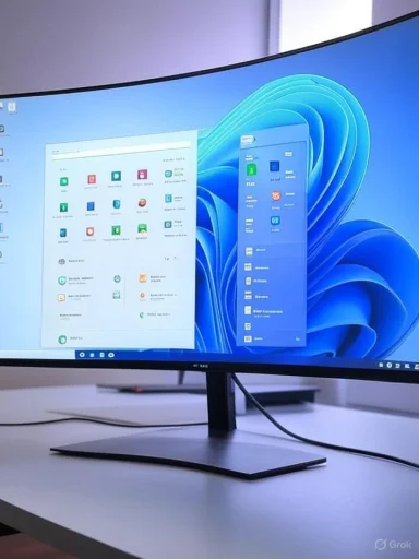 A curved computer monitor displaying a Windows desktop on a white desk.