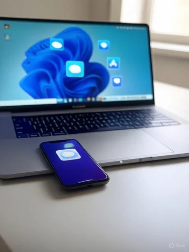A laptop and smartphone both displaying the same messaging app icon on a desk.