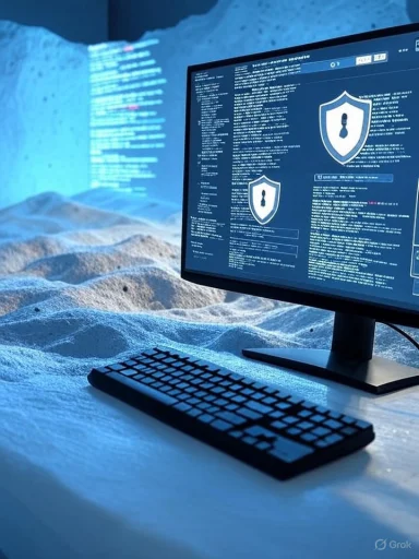 A computer monitor displaying cybersecurity information, set on a sandy, textured surface with a blue glow.