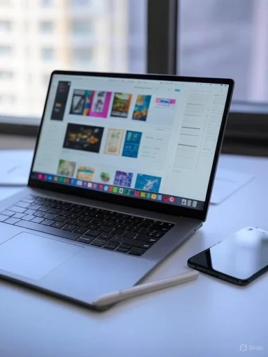A laptop displaying images and a smartphone on a white desk near a window.