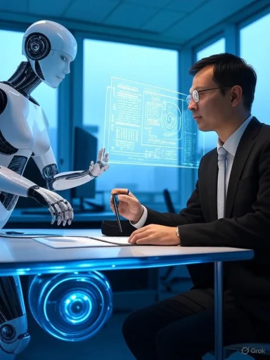 A man in a suit interacts with a humanoid robot in a high-tech lab, analyzing digital data projections.