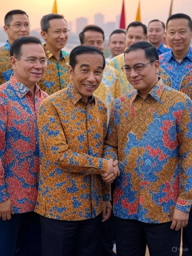 Indonesian officials in colorful batik shirts shake hands amid a group photo at sunset.