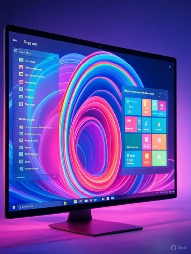 A sleek computer monitor displaying a colorful, swirling abstract graphic with a Windows desktop background.