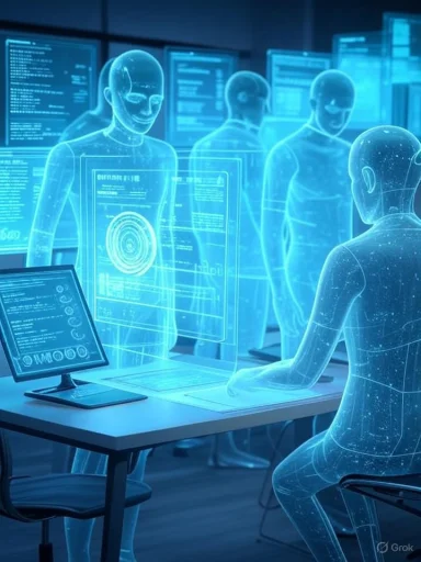 Futuristic holographic humans interacting with transparent digital interfaces in a high-tech environment.