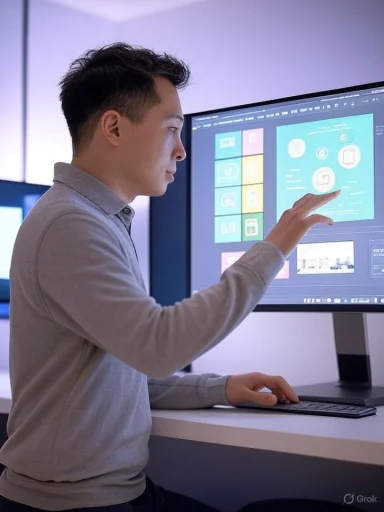 A man works on a graphic design project on a large computer screen in a modern office.