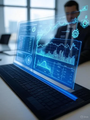 A person in business attire analyzes digital financial charts on a transparent futuristic screen in an office.