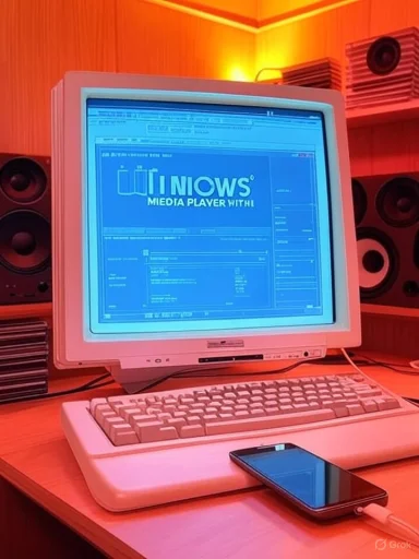 A vintage computer setup with a CRT monitor displaying 'IOWN'S Media Player' and a smartphone connected via cable, in a room with warm lighting. A vintage computer setup with a CRT monitor displaying 'IOWN'S Media Player' and a smartphone connected via cable, in a room with warm lighting.