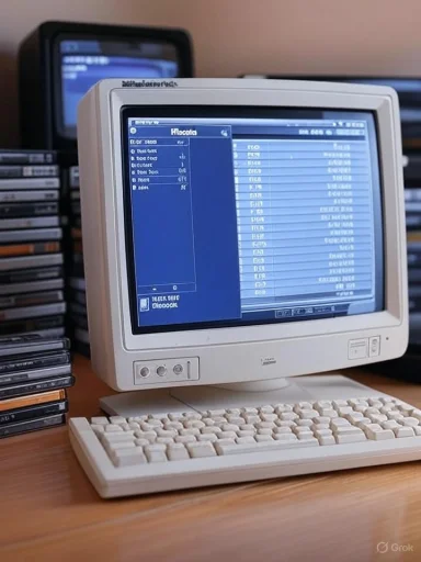 An old CRT computer with a keyboard and stacks of CDs in the background, displaying data on the screen.
