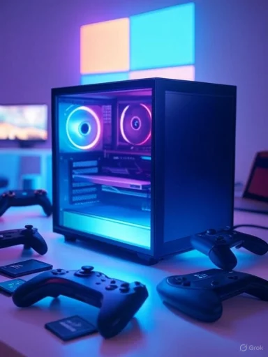 A gaming setup with a PC tower, controllers, and a Windows logo on the wall illuminated with colorful LED lighting.