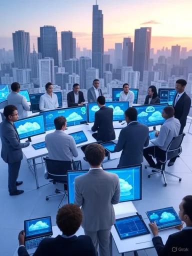 Business professionals gather around digital screens in a futuristic cityscape, discussing cloud technology and data strategies.