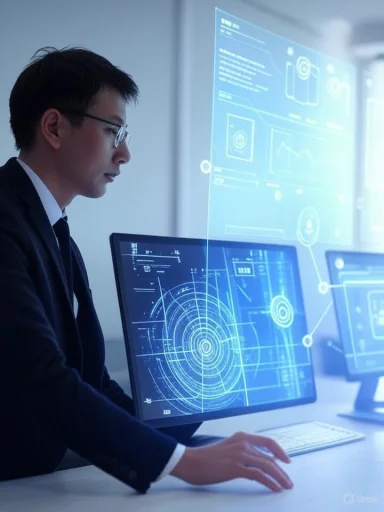 A man in a suit and glasses analyzes futuristic digital data projections on transparent screens and a computer.