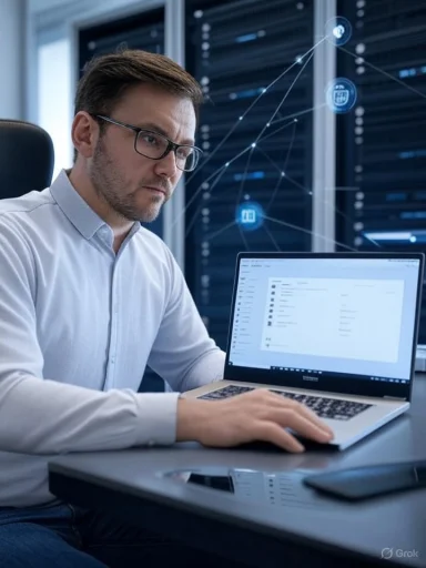 A man working on a laptop in a data center with digital network graphics overlay.