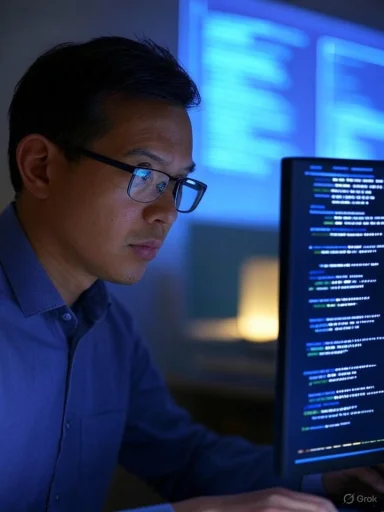 A man focused on coding or analyzing data on a computer screen in a dark environment.