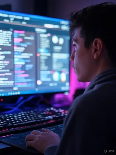 Young man focused on data analysis on a dual-monitor setup with colorful digital graphics and a backlit keyboard.