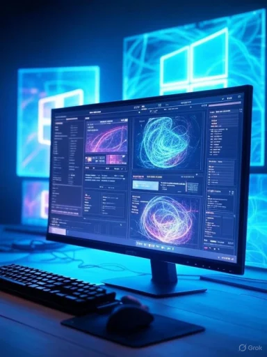 A computer screen displays complex data visualizations with neon-like swirling lines, set against a backdrop with illuminated Windows logos.