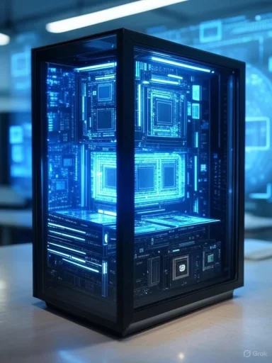 A transparent computer server with glowing blue circuit patterns inside, resembling a digital fractal design.
