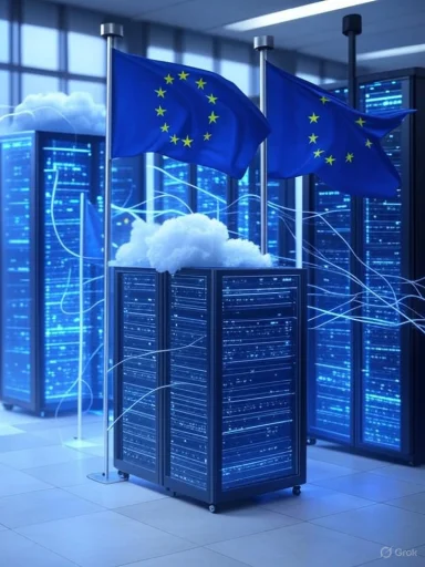 European Union flags fly over a cloud of data servers in a high-tech data center.
