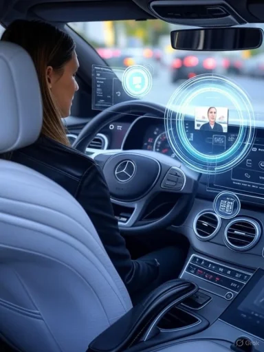 A woman drives a Mercedes with advanced holographic navigation and communication displays on the dashboard.