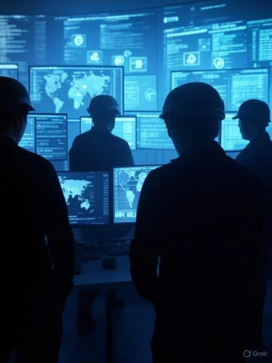 Military personnel analyze global cybersecurity data on multiple screens in a dark, high-tech control room.