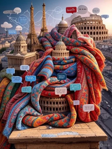 Colorful scarves draped over iconic landmarks, including the Eiffel Tower and Colosseum, in a creative cityscape collage.