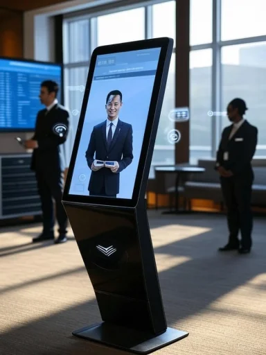 A digital check-in kiosk displays a smiling professional man in a business suit at an airport or corporate setting.