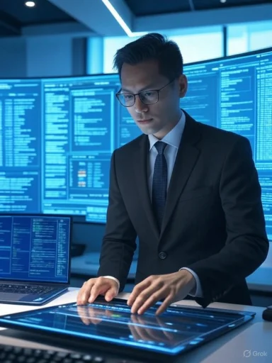 A man in a suit works on a futuristic transparent display in a high-tech financial or data analysis office.